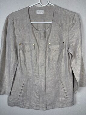 Chicos Linen Jacket‎ Blazer Sm 3/4 Sleeve Gold Sheen Career Dressy Casual READ